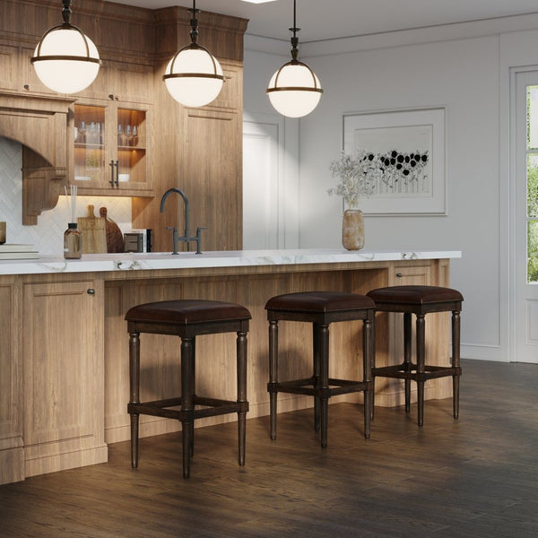English Elm 31"h Distressed Walnut Bar Stool Carved Wood Frame with Upholstered Faux Leather Seat B2751P436461