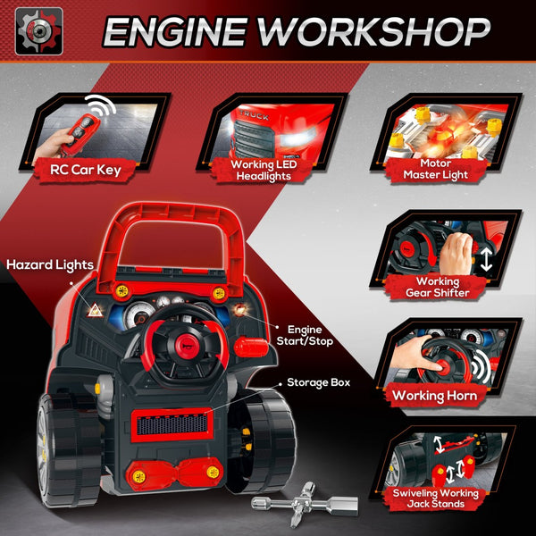 English Elm Qaba Kids Mechanic Workshop Truck Toy with Sounds Lights and 61 Piece Engine Set W2225P200404