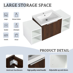 English Elm 48 Inch Wall Mounted Bathroom Vanity with Resin Sink, Soft-Close Doors, Metal Handles, Storage—Durable Eco Plywood California Walnut W999S00185