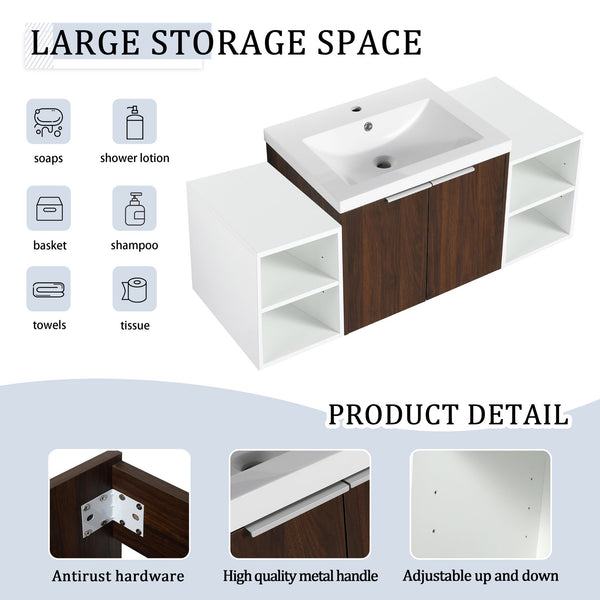 English Elm 48 Inch Wall Mounted Bathroom Vanity with Resin Sink, Soft-Close Doors, Metal Handles, Storage—Durable Eco Plywood California Walnut W999S00185