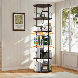 English Elm Rotating 5 Tier Spinning Bookcase Tower Slim 360 Degree Turntable Metal Frame Organizer Walnut Brown W3166P367347