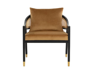 Sunpan KIRSTEN Lounge Chair - Coastal Chic Design with Rattan Back, Gold Sky Upholstery & Matte Black Frame 108716