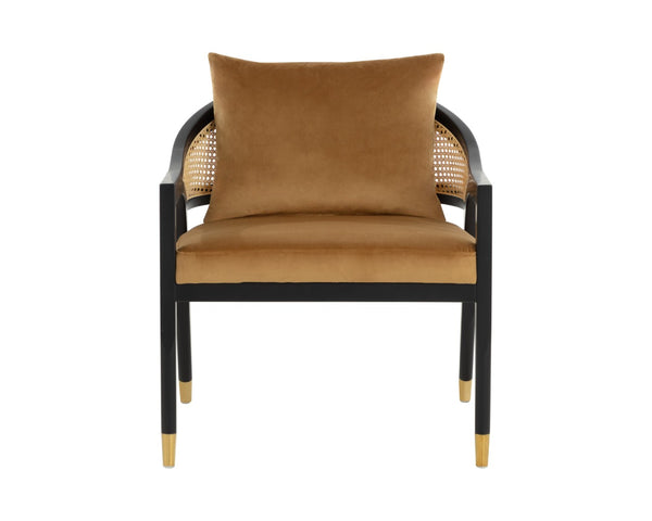 Sunpan KIRSTEN Lounge Chair - Coastal Chic Design with Rattan Back, Gold Sky Upholstery & Matte Black Frame 108716