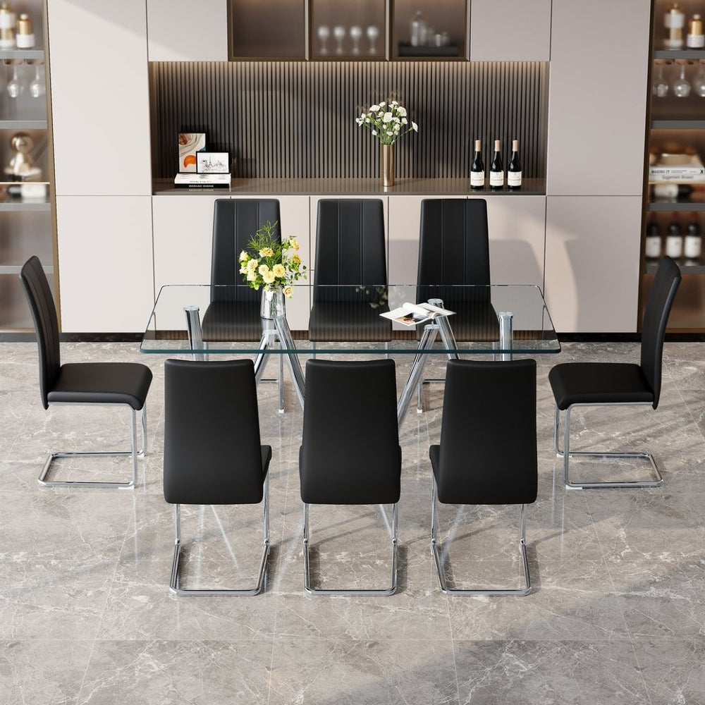 English Elm Tempered Glass 9 Piece Rectangular Dining Set Seating Eight with Chrome Sled Chairs Black,Silver W3875S00053