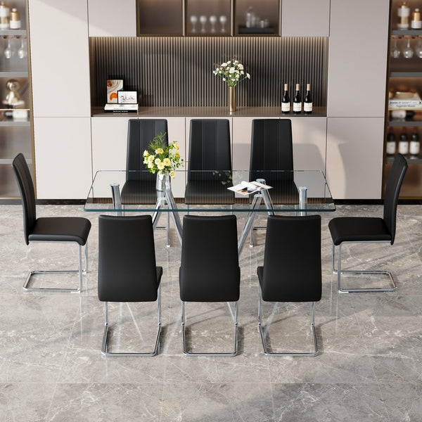 English Elm Tempered Glass 9 Piece Rectangular Dining Set Seating Eight with Chrome Sled Chairs Black,Silver W3875S00053