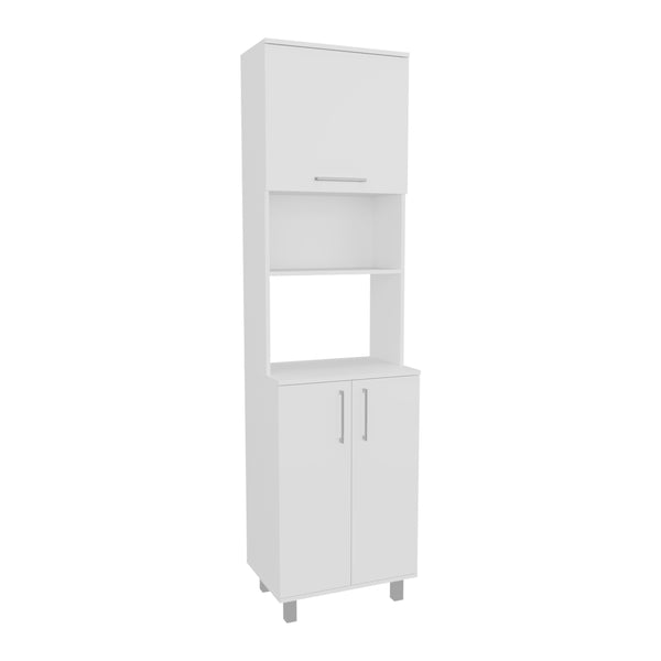 English Elm Bombona 80" High Double Cabinet Pantry with Six Shelves, Top Hutch Gas Spring Door, White MDF - Stylish Storage Solution B200S00414