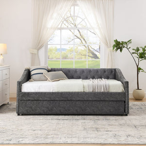 English Elm Twin Daybed with Pull Out Trundle Usb Charging Tufted Upholstered Sofa Guest Bed Grey W1413S00157