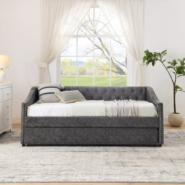 English Elm Twin Daybed with Pull Out Trundle Usb Charging Tufted Upholstered Sofa Guest Bed Grey W1413S00157