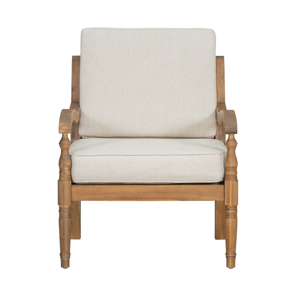 English Elm Christopher Knight Home® - Acacia Lattice Outdoor Club Chair with Carved Legs & Curved Armrests, Natural Wood and Beige Cushions N768P271734D