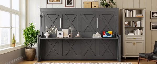 English Elm Full Murphy Bed with Fold Down Desk Led Lighting and Usb Port for Studio Spaces Dark Gray W1580S00455