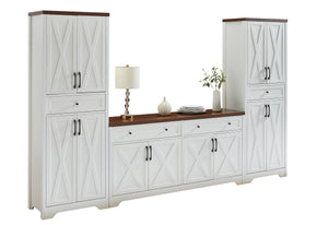 English Elm TV Cabinet Set Modern White Walnut Multifunctional Wall Unit with Console, Sideboards & Storage Features 108.7" W1162S00011