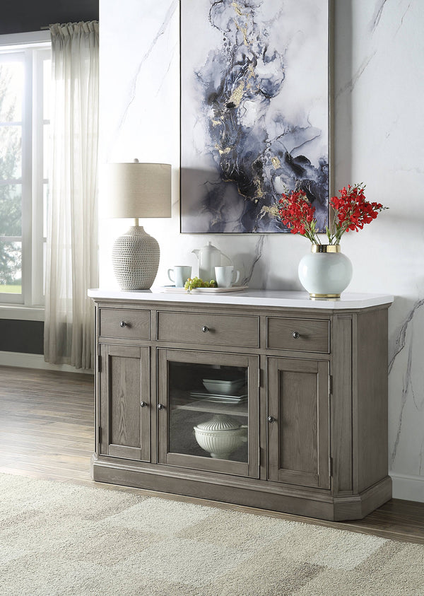 English Elm Zumala Marble Top Server with Weathered Oak Finish, Nailhead Trim, Felt-Lined Drawers, Trestle Base B2726P333614