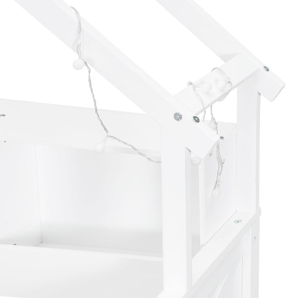 English Elm Wood Full Size Gaming Loft Bed with Integrated Desk, Shelves, LED Lighting & Hanging Clothes Rack White N7090001044K