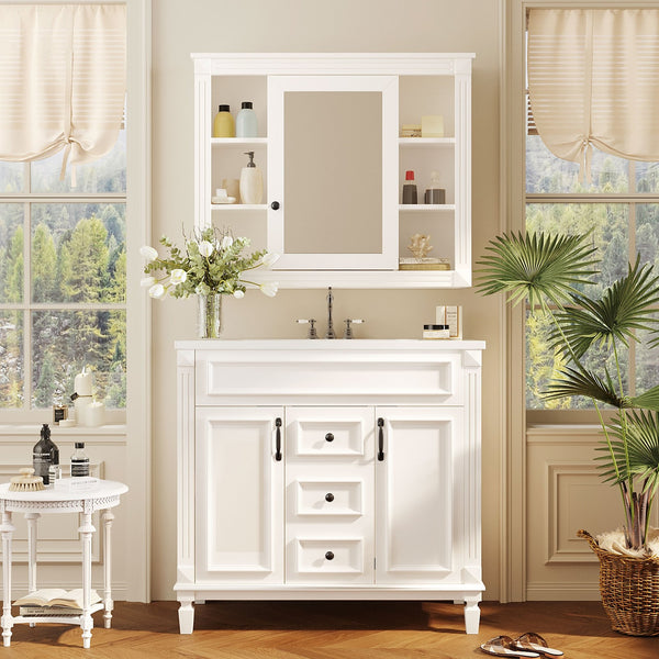 English Elm 36'' Bathroom Vanity with Sink and Mirror Cabinet, Modern MDF & Solid Wood Design, Ceramic Top, Soft-Close Doors White SW000115AAK-1