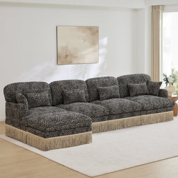 English Elm 131"comfy Chenille Leopard Print Sectional Sofa with Tassel Trim and Movable Ottoman Khaki W5656S00026
