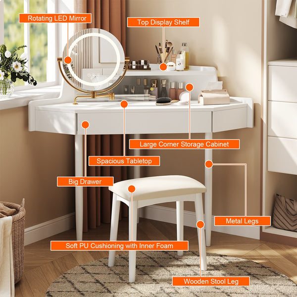 English Elm Modern Corner Makeup Vanity Desk with 360° Rotating LED Mirror, Drawer, Cabinet & Cushioned Stool N844P263664A
