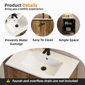 English Elm 30 Inch Floating Bathroom Vanity Fluted Wood Grain Front with Ceramic Integrated Sink Golden Oak W3520S00033