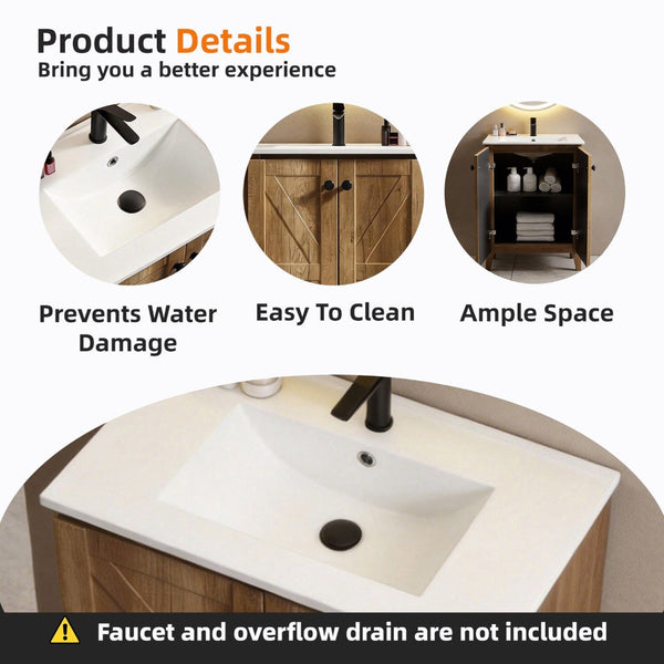 English Elm 30 Inch Floating Bathroom Vanity Fluted Wood Grain Front with Ceramic Integrated Sink Golden Oak W3520S00033