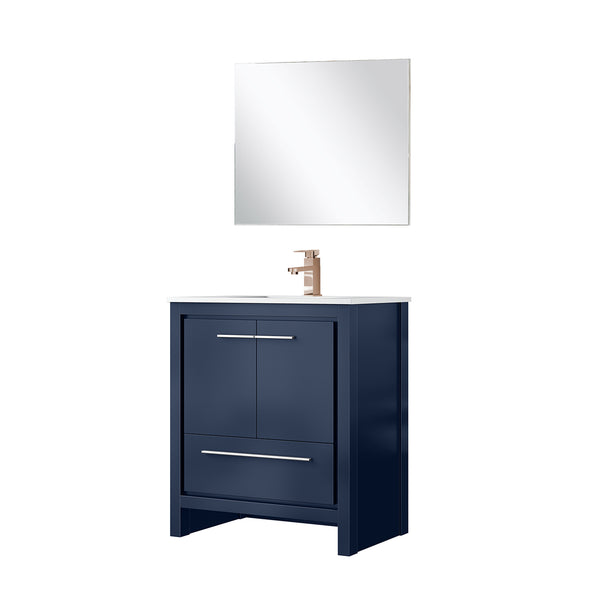 English Elm Navy Blue Bath Vanity Set With White Quartz Top, Rose Gold Faucet & Matching 28" Mirror For Style B2731S02046
