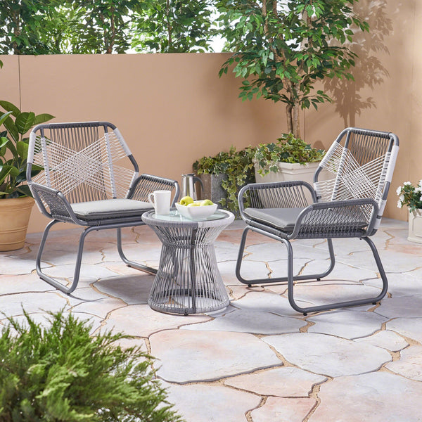 English Elm Christopher Knight Home® - MILAN 3PC Chat Set Outdoor Patio Grey PE Rattan Bistro with Cushions, Compact 28.5x26.5x21.5 Inches 62331.00GRY