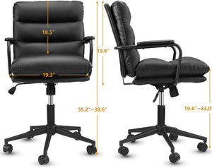 English Elm Black Black Leather Office Chair Mid Back PU Executive Desk Chair with Thick Cushion, Wheels, Arms, Durable Comfort, Easy Assembly B205P241911