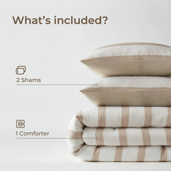 English Elm 3-piece Yarn-dyed Woven Stripe Comforter Set with Seersucker Texture for Full Queen Beds Taupe B035P463216