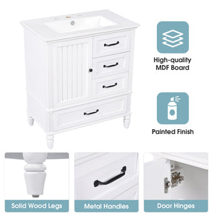 English Elm Christopher Knight Home® - 30" Bathroom Vanity with Ceramic Sink, Acacia & MDF Cabinet, Soft-Close Door & Drawers White N759P346895K
