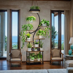 English Elm Plant 8-Tier S-Shaped Plant Stand with 3-Head Grow Lights, 62" Tall Mobile Metal Rack w/Timer and Wheels W2641P199619