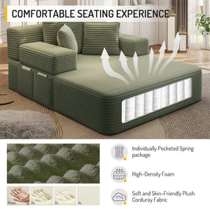 English Elm Luxurious Corduroy Frameless Chaise with Sleeper Conversion Foam Cushioning and Storage Pocket Green W3219P459765