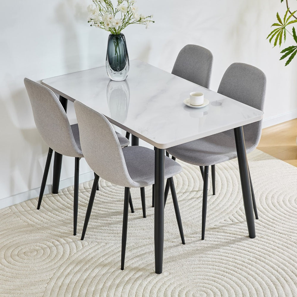 English Elm Table and Chair Set Modern Marble Glass Top Dining for Four with Linen Upholstered Seats W1151S04626