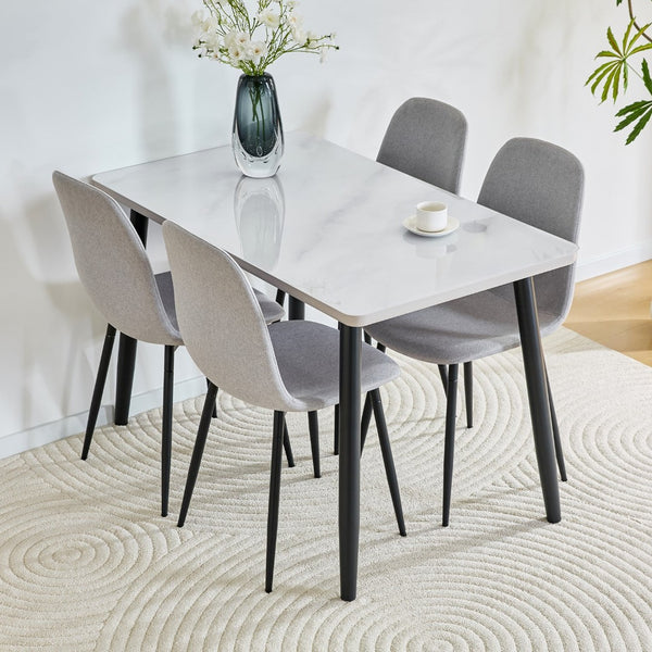 English Elm Table and Chair Set Modern Marble Glass Top Dining for Four with Linen Upholstered Seats W1151S04626