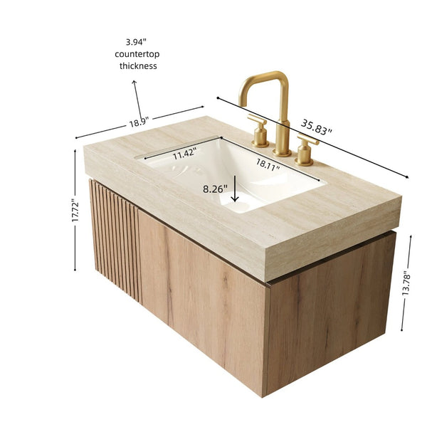 English Elm Muri Floating Bathroom Vanity Sintered Stone Top Plywood Cabinet White Oak Grain W2615S00611