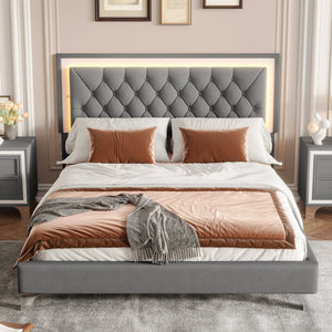 English Elm Queen Velvet Upholstered Bed Frame with LED Ambiance, Tufted Headboard, Sturdy Slat Support Gray 63.98 L x 23.23 W x 5.91 H N733P183657E