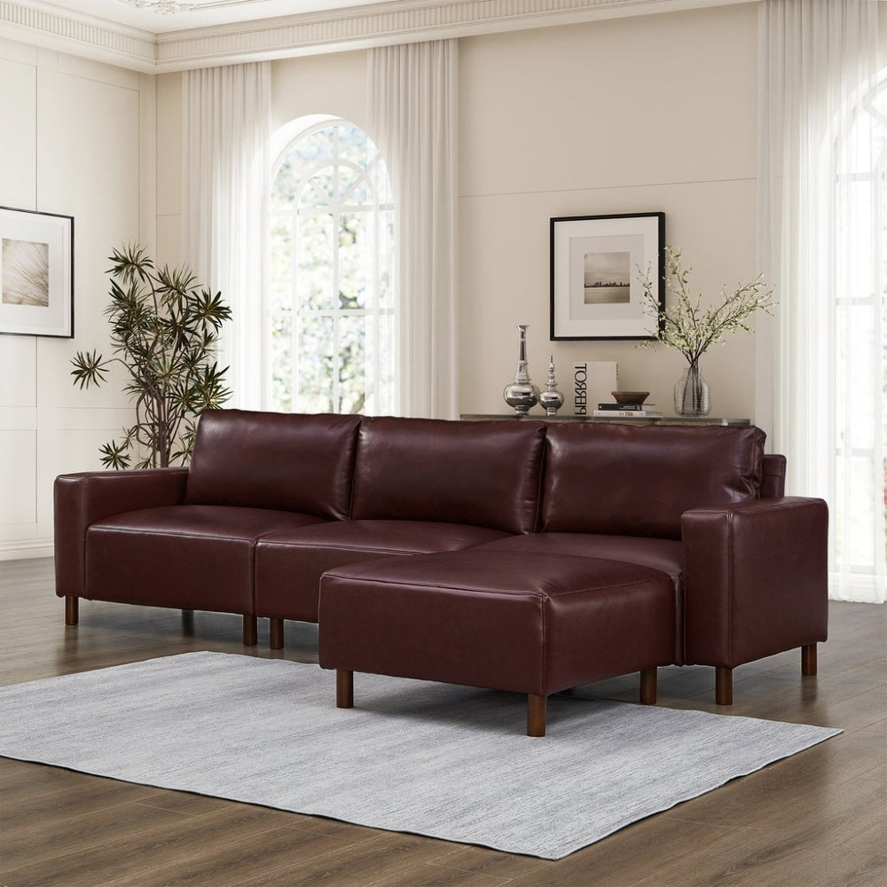 English Elm Modern Pu Leather L-shaped Sectional with Convertible Ottoman Chaise for Living Rooms Burgundy W1097S00262