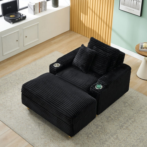 English Elm Black corduroy single sofa with ottoman storage, built-in armrest compartments, removable pillows, modern cozy design W1658S00135