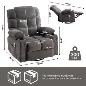 English Elm Massage Rocker Recliner Oversized Chair with Heat Vibration Usb Port and Storage Pockets Grey W1807S00010