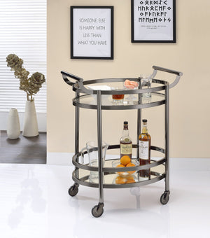 English Elm Lakelyn Oval Clear Tempered Glass Serving Cart with Black Nickel Frame, Mirror Base & Casters - Stylish Mobile Bar Cart, 25"x19" Shelves B2726P296468