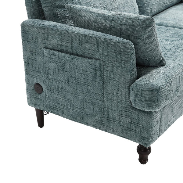 English Elm Modern chenille 2-seater sofa with LED lighting, USB charging, storage pocket, sturdy wood legs Lake Blue W395P318545