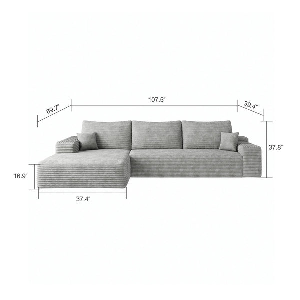 English Elm Y119-3L-GREY Plush Corduroy Modular 3-Seater Sectional Sofa with Chaise, No Assembly, Cozy Lounge Antique Grey W2824P239917
