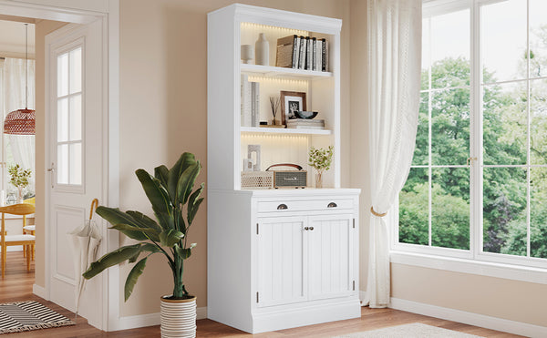 English Elm 83.4"Tall Bookcase with 3 LED Lights, Modern White Bookshelf with 2 Doors 1 Drawer & Adjustable Shelves SR000002AAK