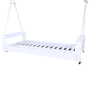 English Elm TOPMAX Twin Size Porch Swing Bed Crafted from Durable Acacia Wood with 400lb Capacity and Hemp Ropes White N717P210135K