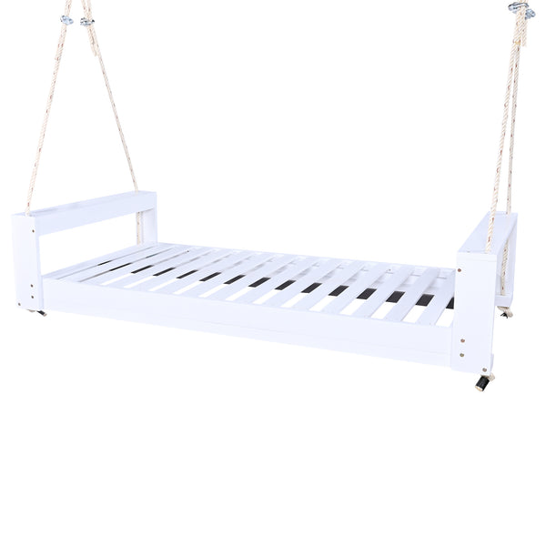 English Elm TOPMAX Twin Size Porch Swing Bed Crafted from Durable Acacia Wood with 400lb Capacity and Hemp Ropes White N717P210135K