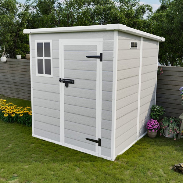 English Elm 6x6 Ft Resin Outdoor Storage Shed with Floor Lockable Doors Window and Vents W1598S00017