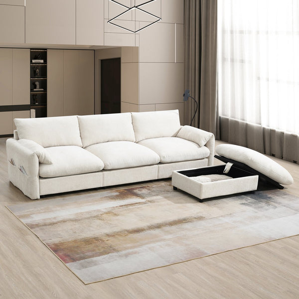 English Elm 96.5'' L-Shaped Sectional Sofa with Giant Storage Ottoman, USB Type-C Charger, Phone Holder and Pocketed Arms Beige N723S8776A