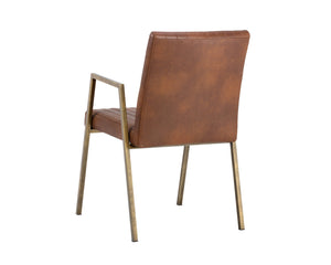 Sunpan Homer Dining Armchair - Stylish Industrial Design with Antique Brass Frame and Bold Channel Stitching Bravo Cognac