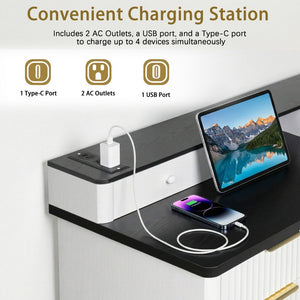 English Elm 59" Fluted Oak L-shaped Corner Desk with Charging Station Monitor Stand and File Storage White W2917S00004