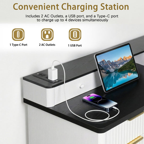 English Elm 59" Fluted Oak L-shaped Corner Desk with Charging Station Monitor Stand and File Storage White W2917S00004