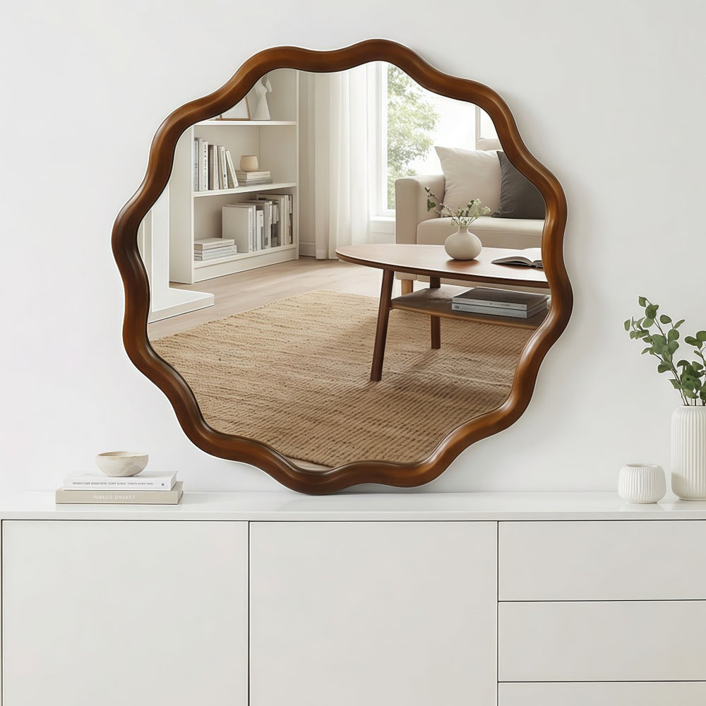 English Elm Black Walnut Solid Wood Wavy Round Mirror Sculptural Bohemian Wall Accent 30 Inch W2203P455238