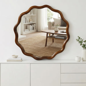 English Elm Black Walnut Solid Wood Wavy Round Mirror Sculptural Bohemian Wall Accent 30 Inch W2203P455238