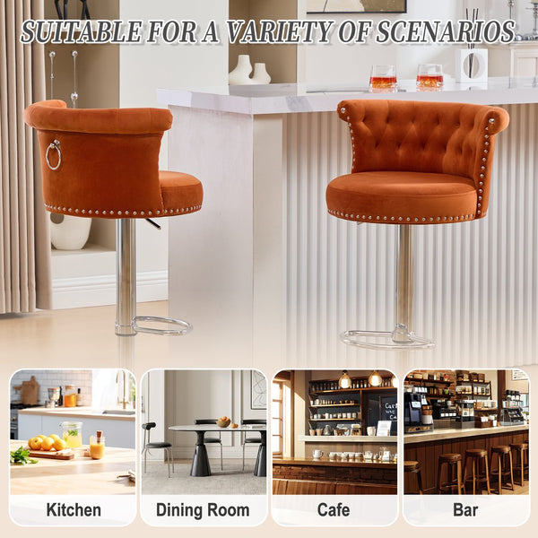 English Elm COOLMORE Velvet Bar Stool with Anti-Slip Large Base, Adjustable 360° Swivel, Plush Foam Comfort Orange W1539P320509